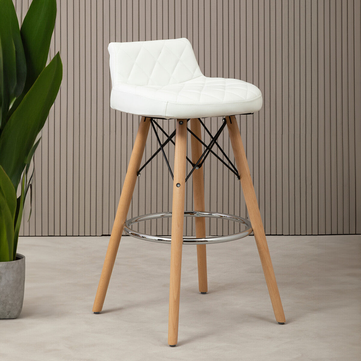 Stockholm White Leather Effect Quilted Bar Stool with Wood Legs