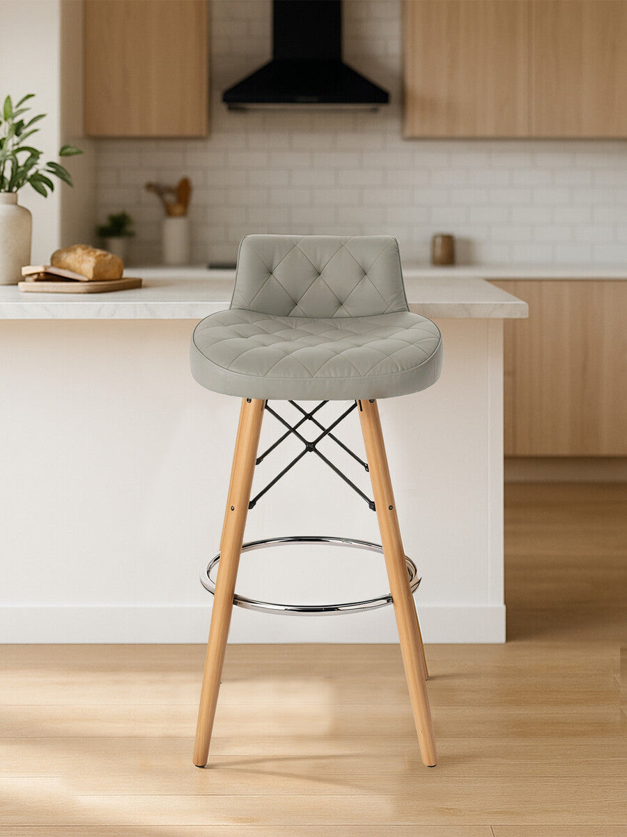 Stockholm Light Grey Leather Effect Quilted Bar Stool with Wood Legs