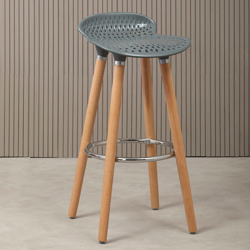 Stockholm Grey Moulded Plastic Bar Stool with Wood Legs