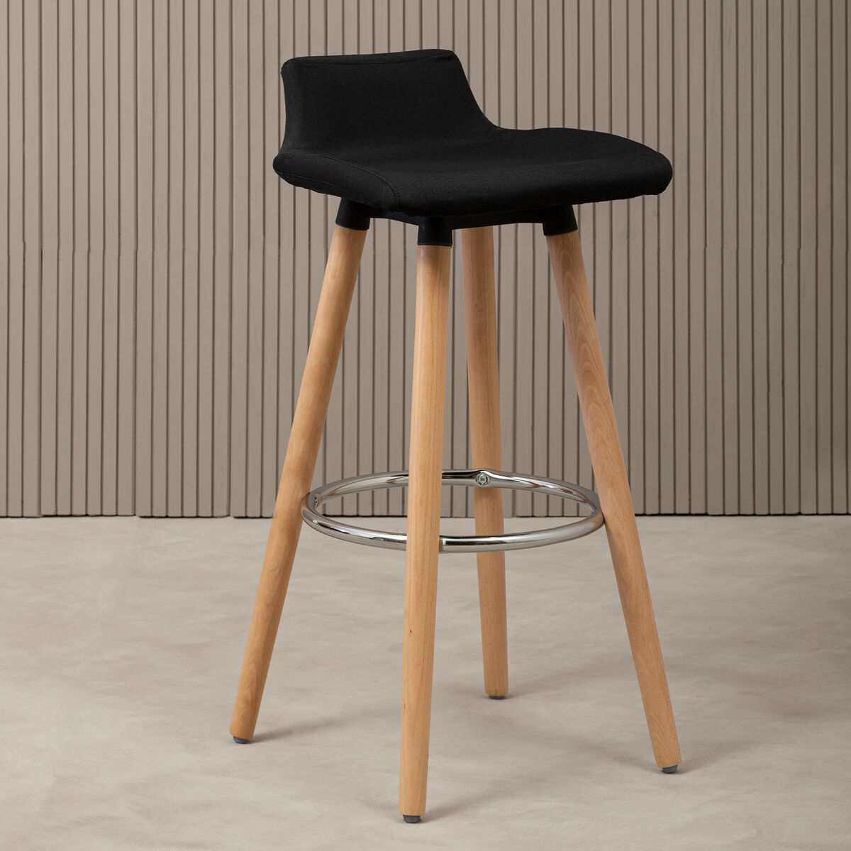 Stockholm Black Fabric Bar Stool with Wooden Legs