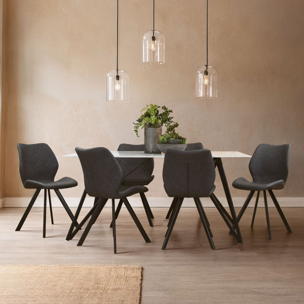 White Marble Effect Top and Metal Legs Dining Table with Faux Leather 6 Grey Chairs Set, Weston - PN Home