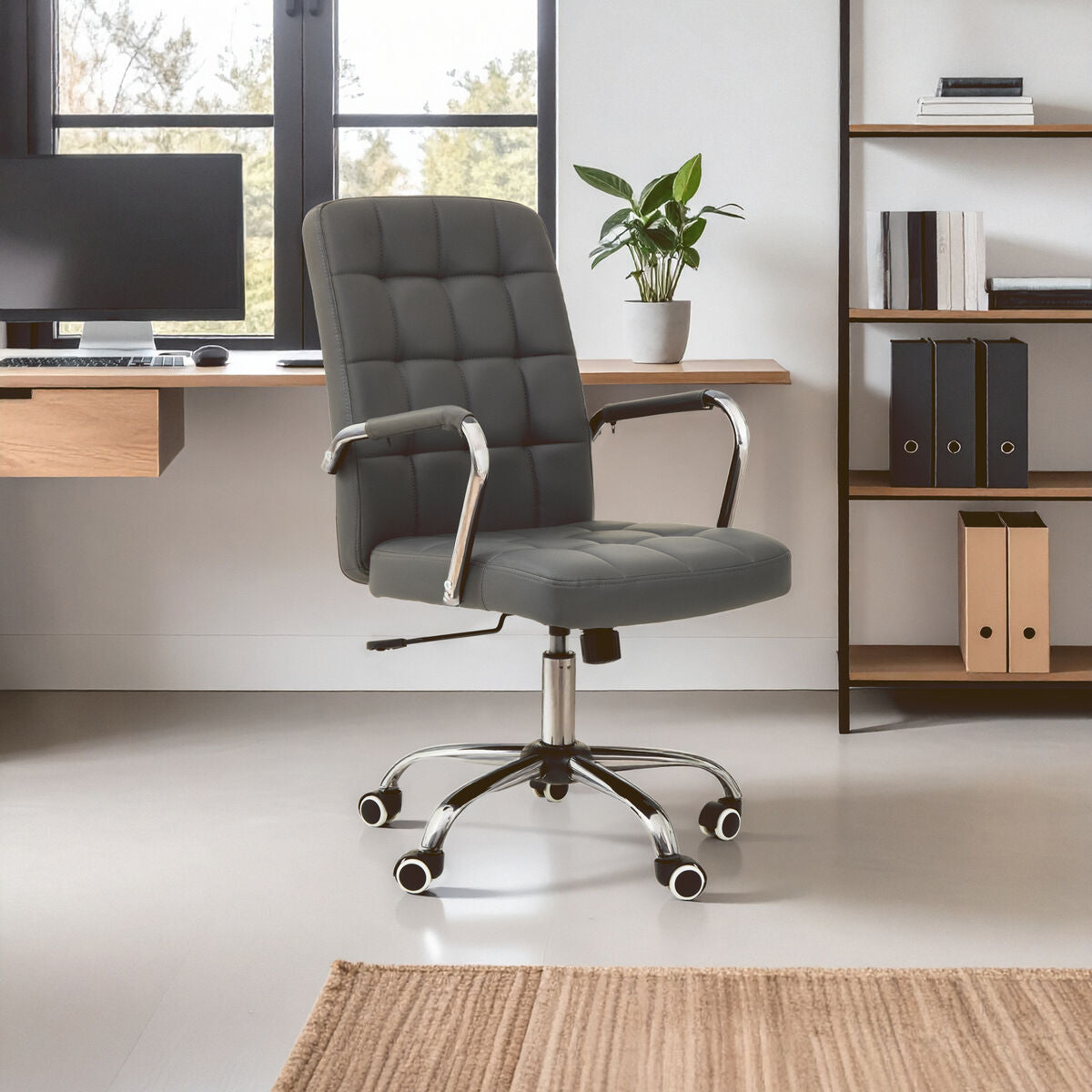 Brent Grey Leather Effect And Chrome Home Office Chair - PN Home