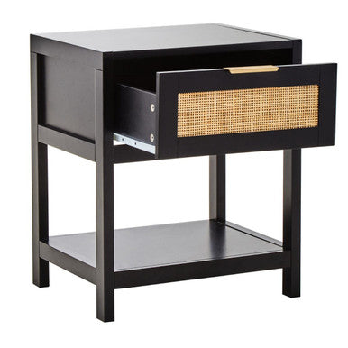 Sherman Black Wood and Natural Rattan One Drawer Bedside Table - PN Home