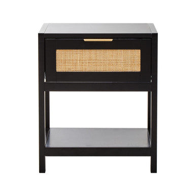 Sherman Black Wood and Natural Rattan One Drawer Bedside Table - PN Home