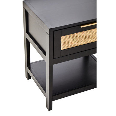 Sherman Black Wood and Natural Rattan One Drawer Bedside Table - PN Home