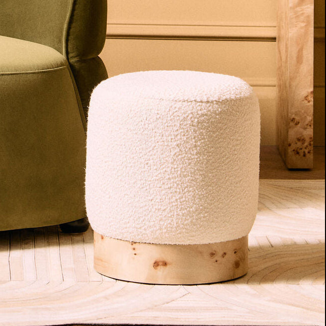 Mota Burl Wood And Cream Boucle Round Stool - PN Home