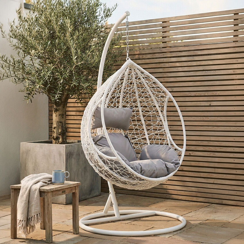 Goa White Rattan Effect Hanging Chair With Grey Cushions - PN Home