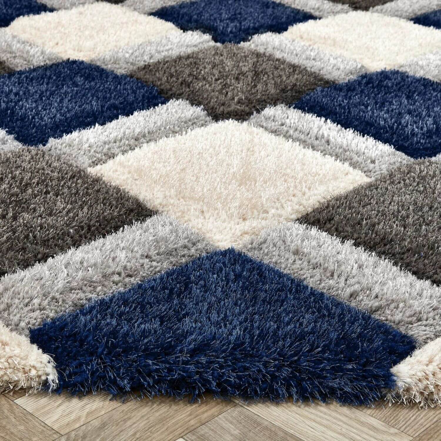 3D Navy Geometric Shaggy Rug - PN Home