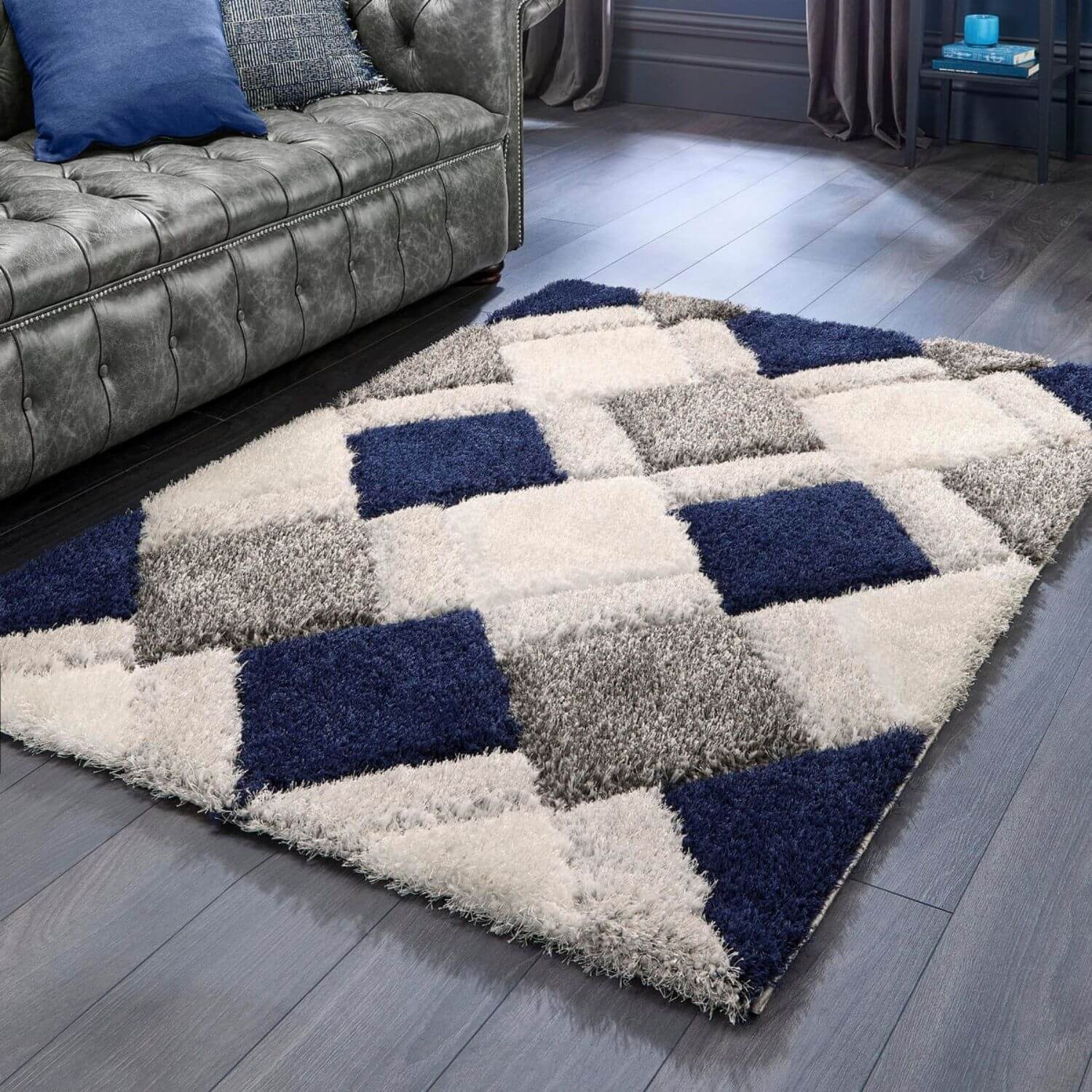 3D Navy Geometric Shaggy Rug - PN Home