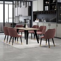 Milano Duke LUX Dining Set | a Light Walunt Dining Table & 6 Velvet Dining Chairs with Gold End Caps