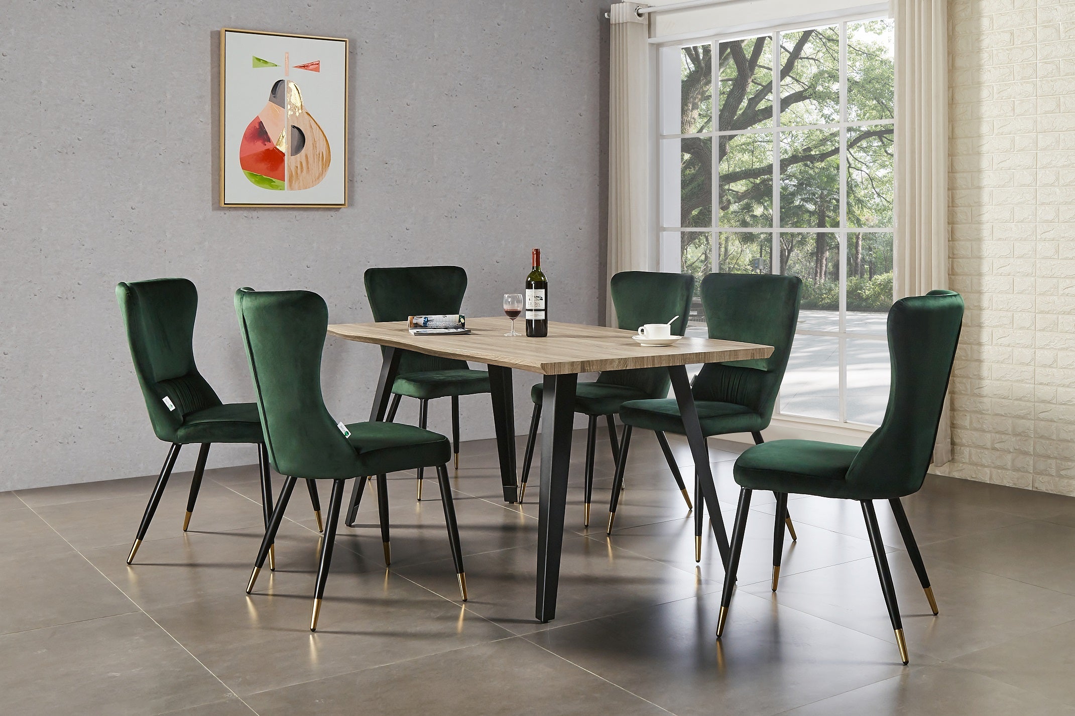 7 Pieces New York Rocco Dining Set - a Walnut Rectangular Dining Table and Set of 6 Green Dining Chairs