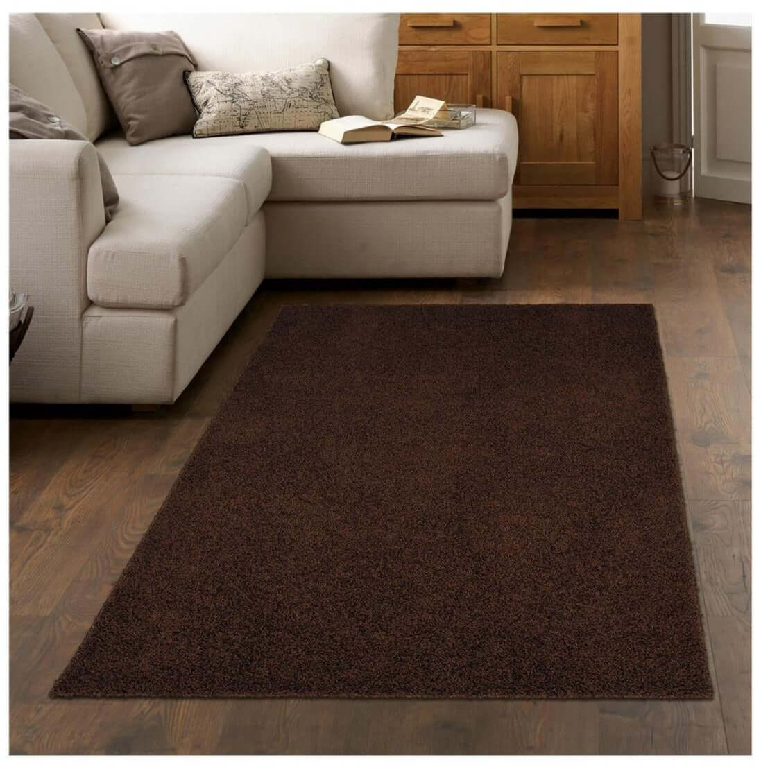 Fiji Chocolate Brown Washable Solid Shaggy Rug - PN Home