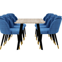Milano Duke LUX Dining Set | a Light Walunt Dining Table & 6 Velvet Dining Chairs with Gold End Caps