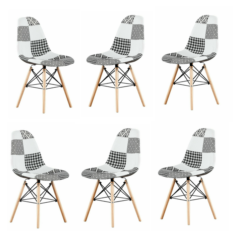 Black/White Patchwork Modern Dining Chair with Wooden Legs & Black Metal Wire Frame - PN Home
