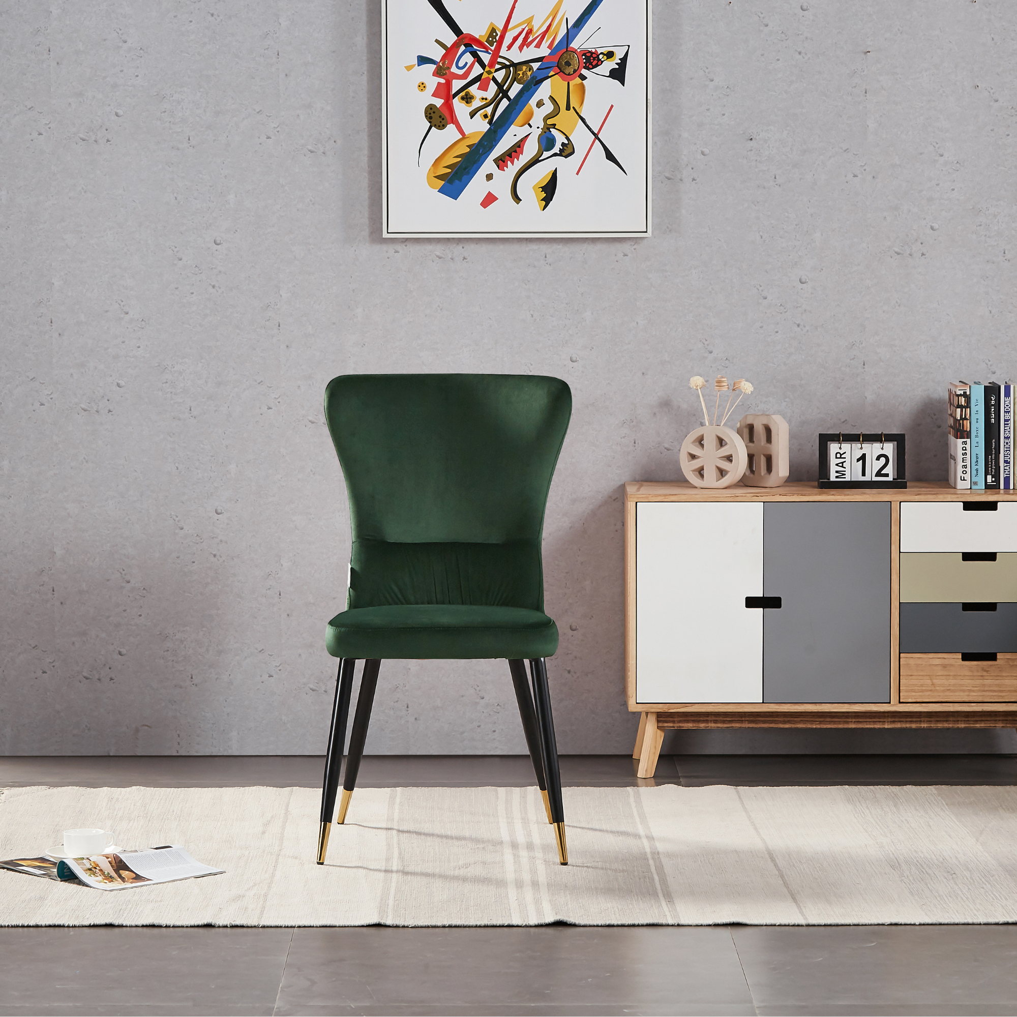 7 Pieces New York Rocco Dining Set - a Walnut Rectangular Dining Table and Set of 6 Green Dining Chairs