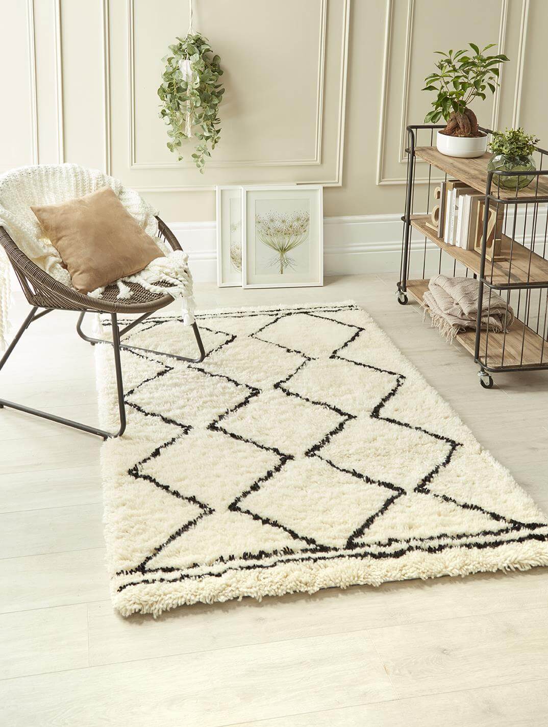 Berber Cream/Black Wool Shaggy Rug - PN Home