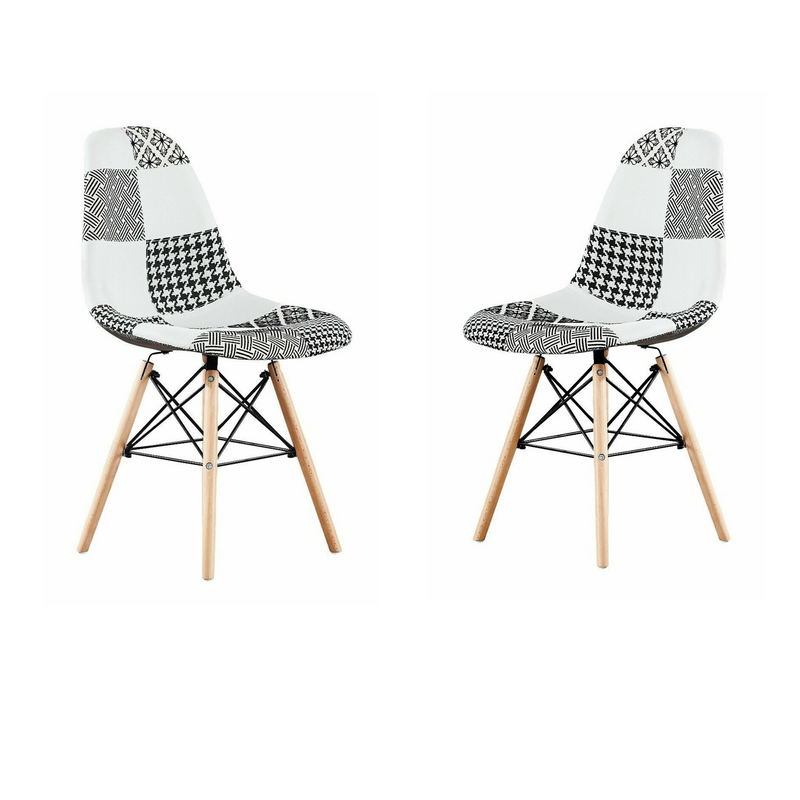 Black/White Patchwork Modern Dining Chair with Wooden Legs & Black Metal Wire Frame - PN Home