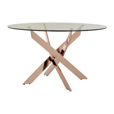 Round Tempered Glass Top Dining Table with Rose Gold Latticed Legs, Allure - PN Home