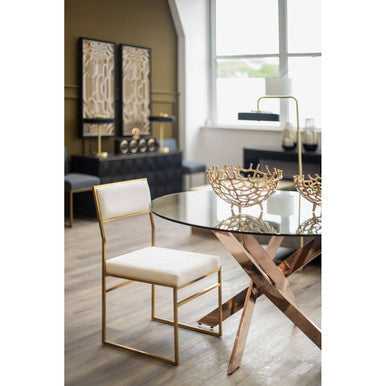 Round Tempered Glass Top Dining Table with Rose Gold Latticed Legs, Allure - PN Home