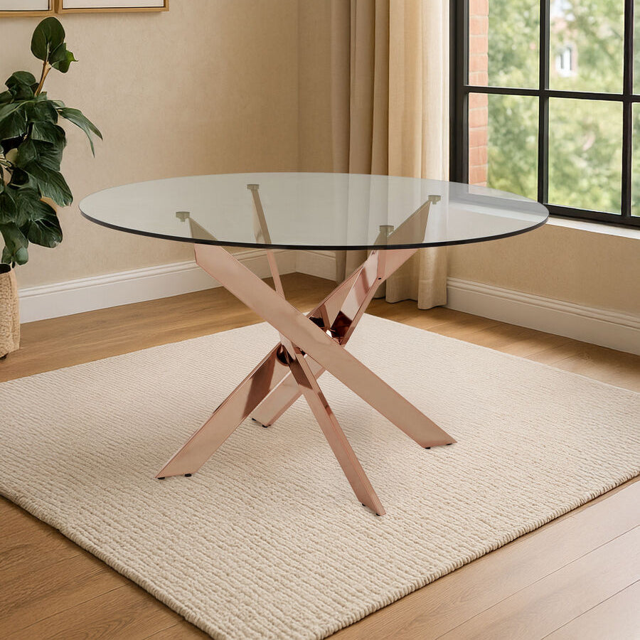 Round Tempered Glass Top Dining Table with Rose Gold Latticed Legs, Allure - PN Home