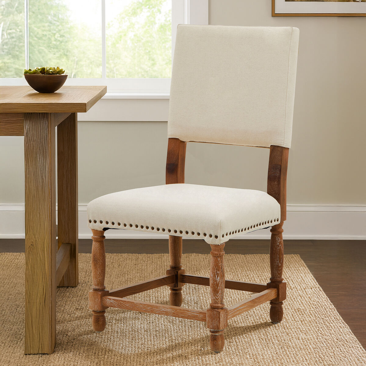 Lyon Linen Dining Chair with Oak Wood Whitewash Finish - PN Home