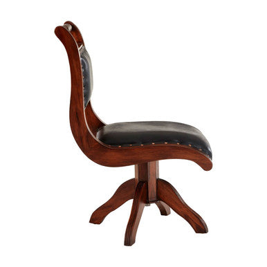 Inca Black Leather and Teak Wood Swivel Chair - PN Home