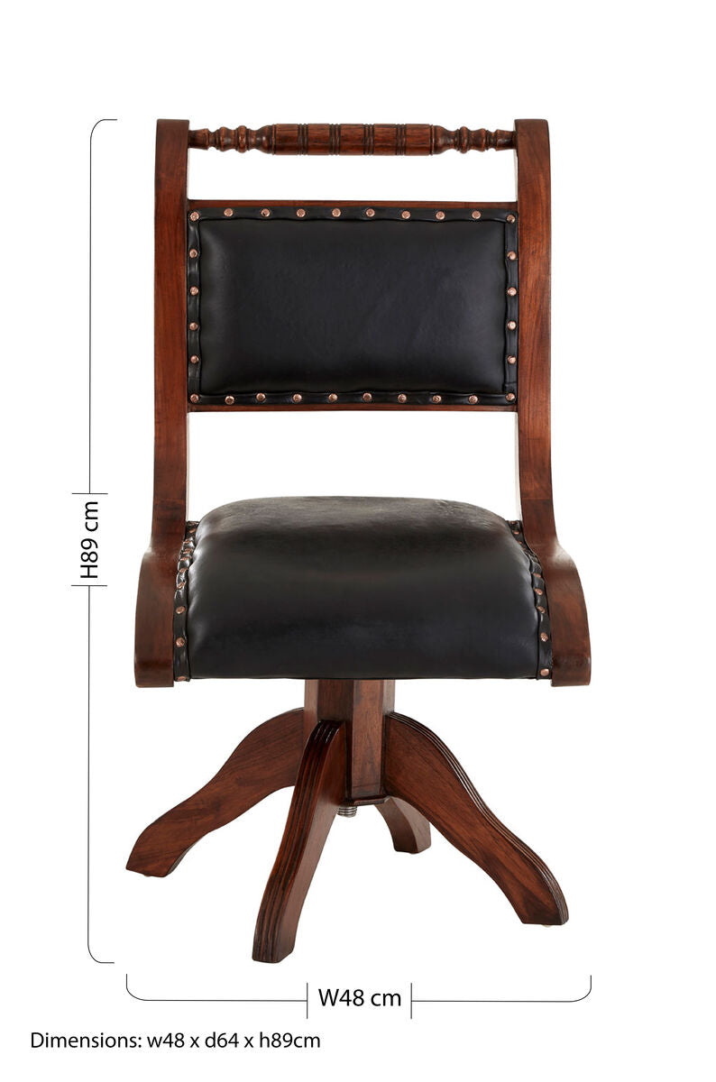 Inca Black Leather and Teak Wood Swivel Chair - PN Home