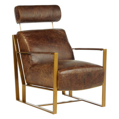 Hoxton Brown Leather Lounge Chair with Rose Gold Iron Frame - PN Home