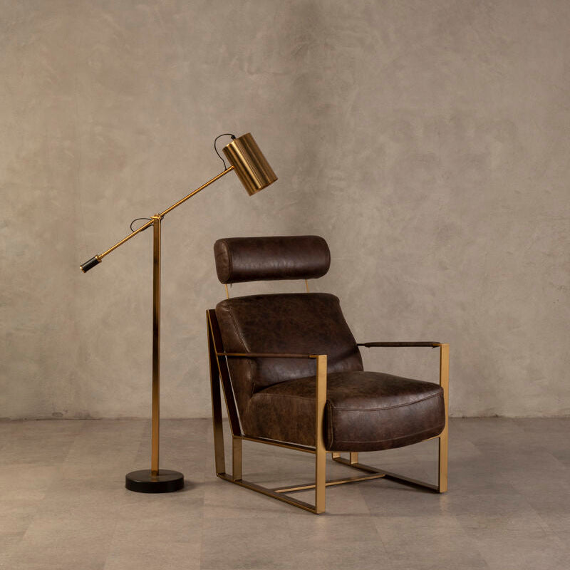 Hoxton Brown Leather Lounge Chair with Rose Gold Iron Frame - PN Home
