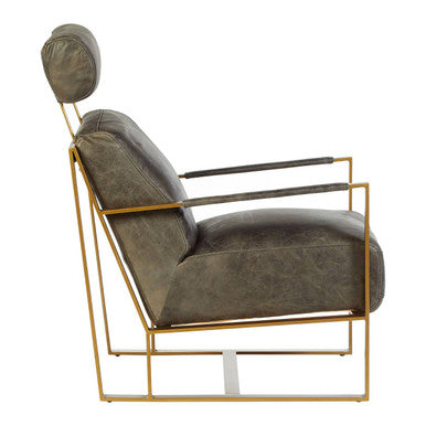 Hoxton Grey Leather Lounge Chair with Rose Gold Finish Frame - PN Home