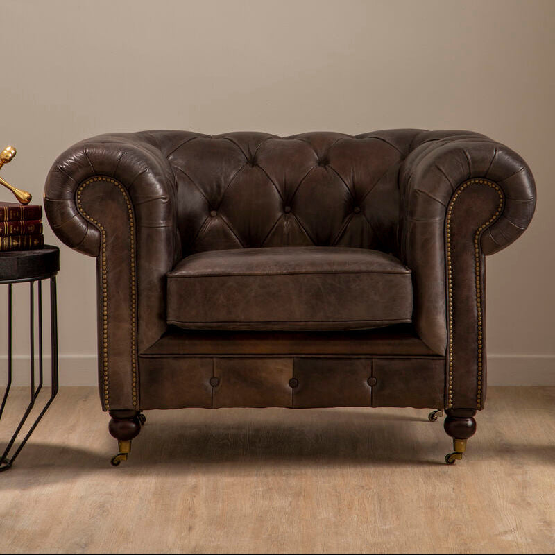 Victor Dark Grey Brown Leather Chesterfield Chair - PN Home