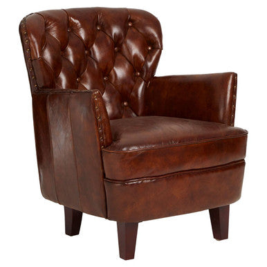 Victor Brown Leather Armchair with Button Tufted Back - PN Home