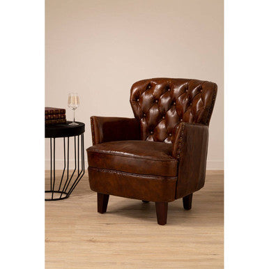 Victor Brown Leather Armchair with Button Tufted Back - PN Home
