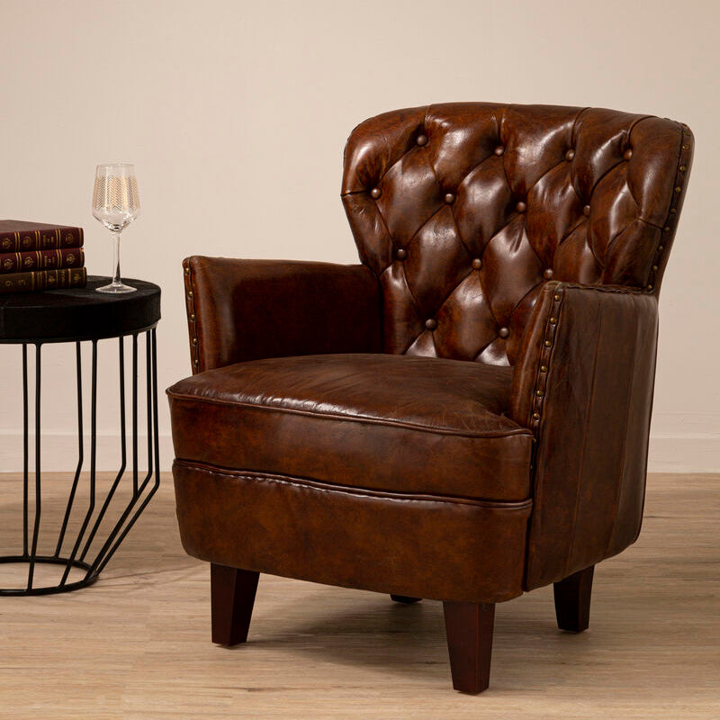 Victor Brown Leather Armchair with Button Tufted Back - PN Home
