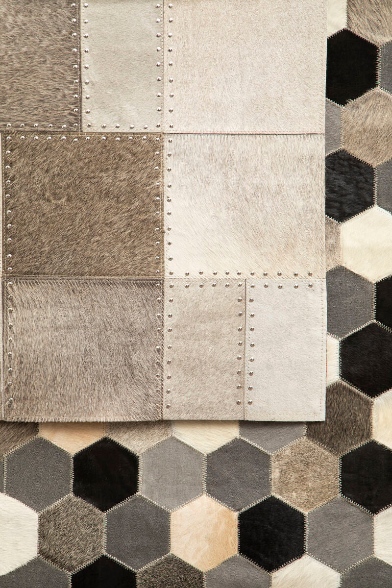 Bosie Safira Small Grey Hair on Leather Patchwork Rug - PN Home