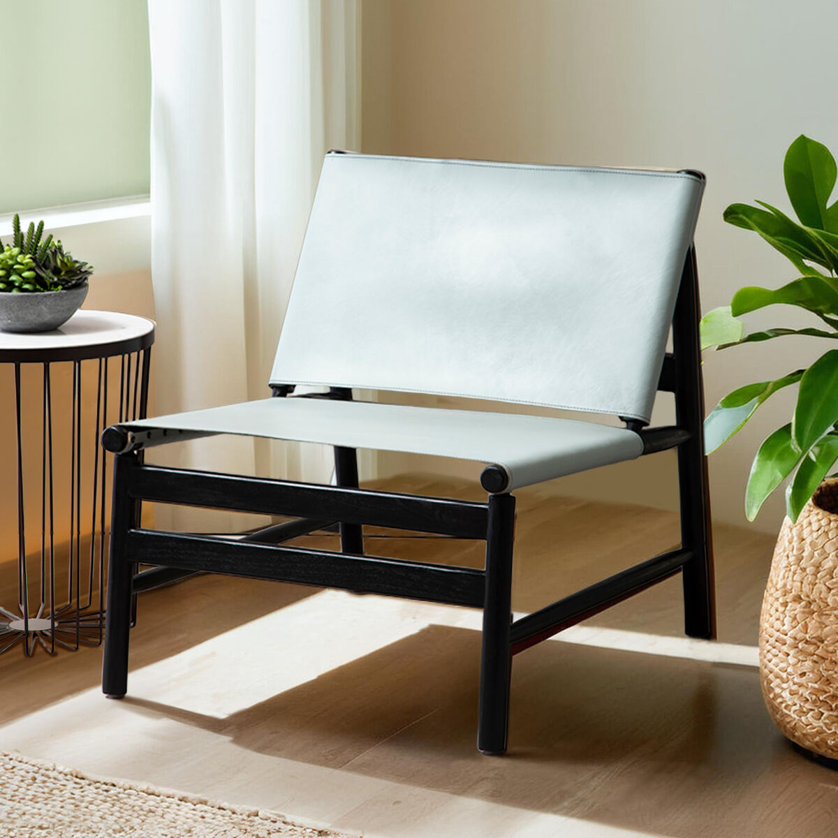 Kendari Grey Leather and Black Teak Modern Sling Chair - PN Home