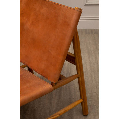 Kendari Brown Leather and Teak Modern Sling Chair - PN Home