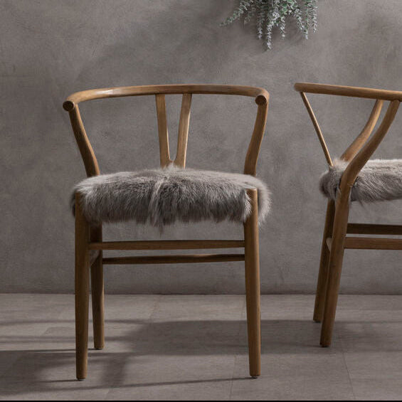 Hazel Natural Oak Wood and Grey Fur Dining Chair - PN Home