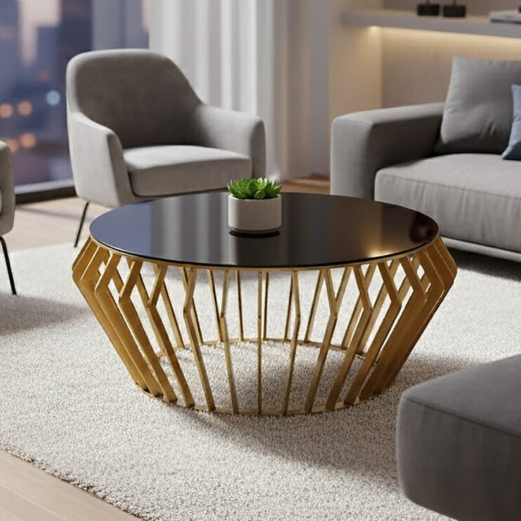 Gold Base Round Coffee Table with Black Glass Top, Ackley