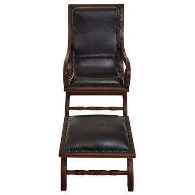 Inca Genuine Black Leather and Teak Lounge Chair with Footstool - PN Home