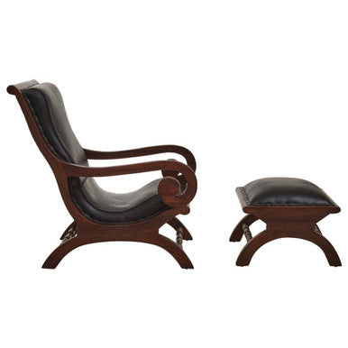 Inca Genuine Black Leather and Teak Lounge Chair with Footstool - PN Home