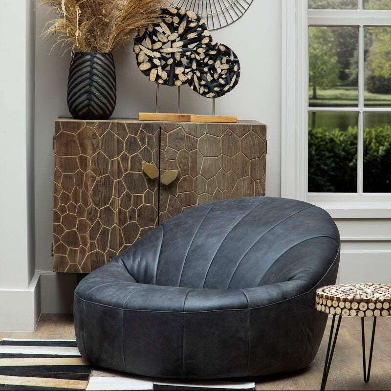 Hoxton Antique Black Leather Lounge Cocoon Chair - PN Home
