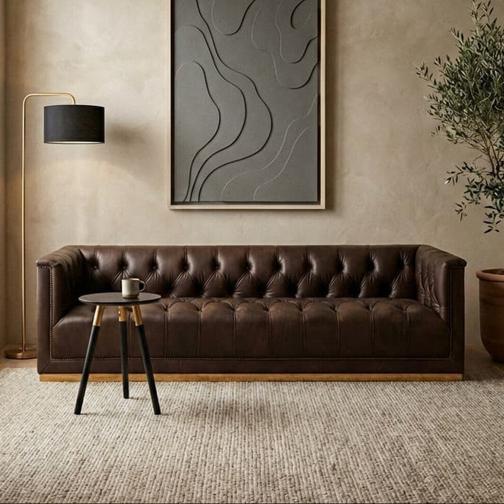 3 Seater Modern Chesterfield Dark Brown Leather Sofa, King - PN Home