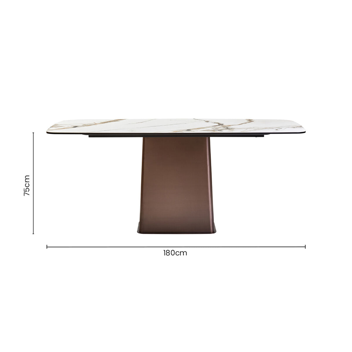 White Marble Effect Ceramic Rectangular Dining Table with Brushed Bronze Steel Column Base, Imperia - PN Home