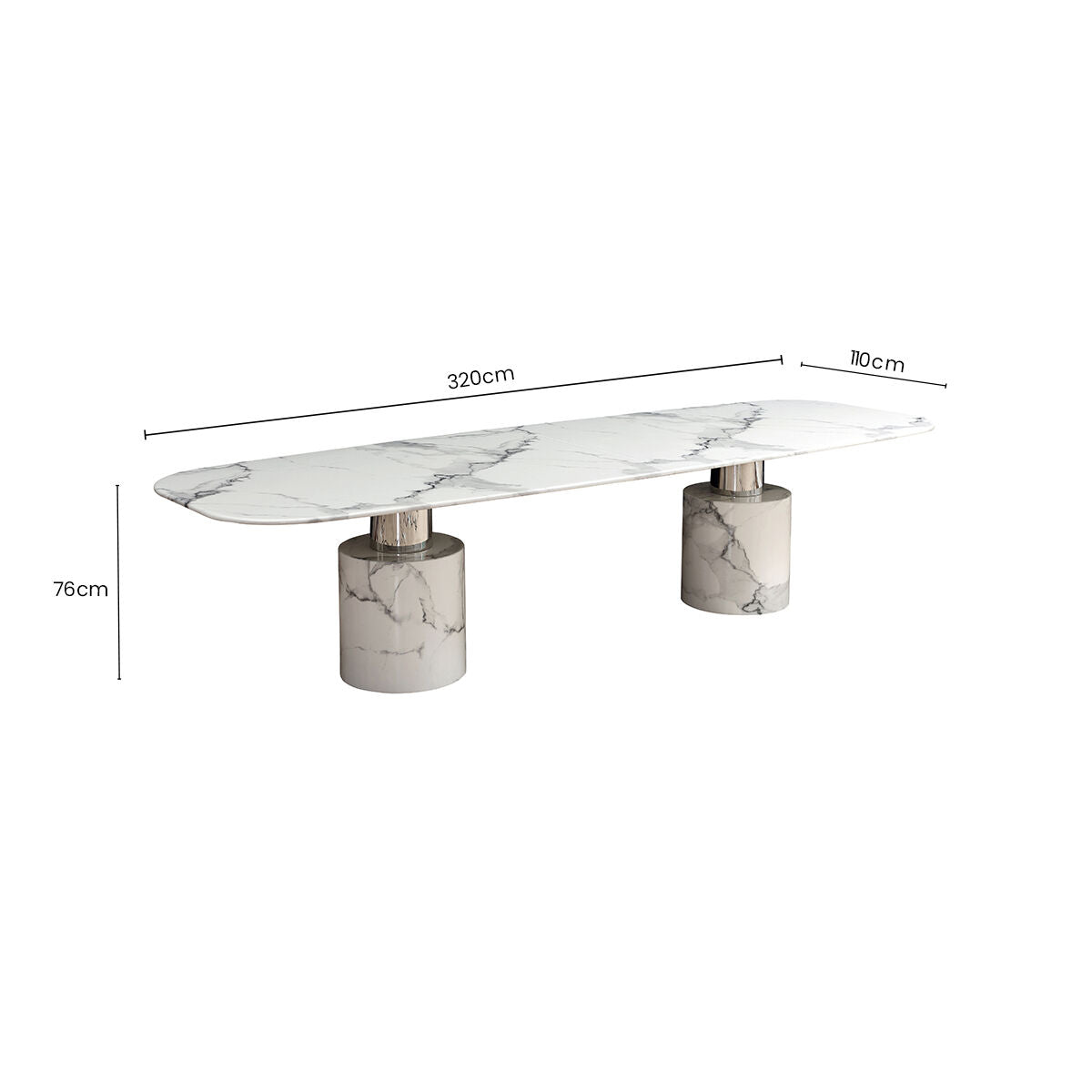 White Marble Dining Table with Cylindrical Marble Legs and Silver Metal Supports, Sesto - PN Home