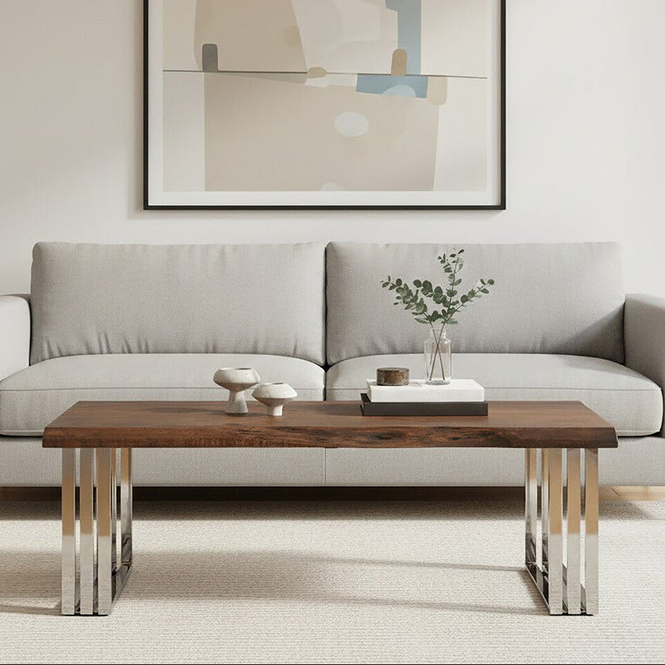 Natural Wood Top Coffee Table with Silver Stainless Steel Looped Base, Hampstead - PN Home