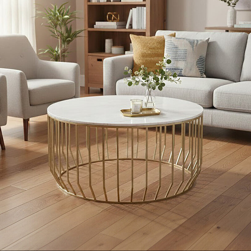 White Marble Top Coffee Table with Gold Finish Iron Cage Base, Pali - PN Home