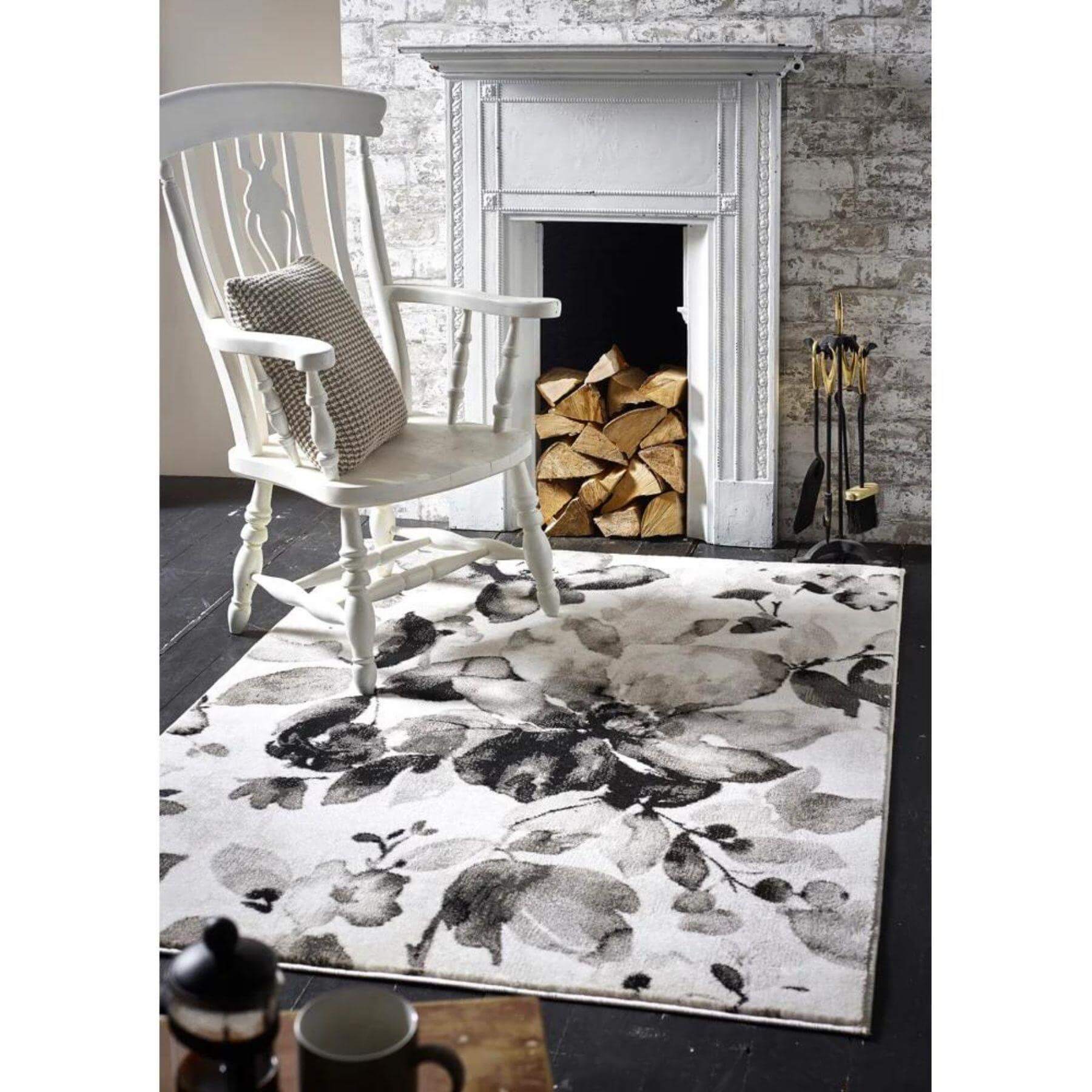 Watercolour Floral Design Rug - Grey - PN Home
