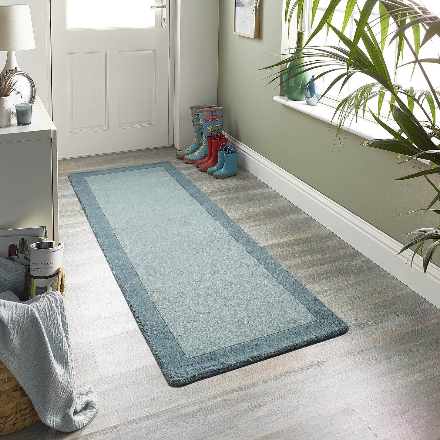 Bordered Duck Egg Blue Wool Rug - PN Home