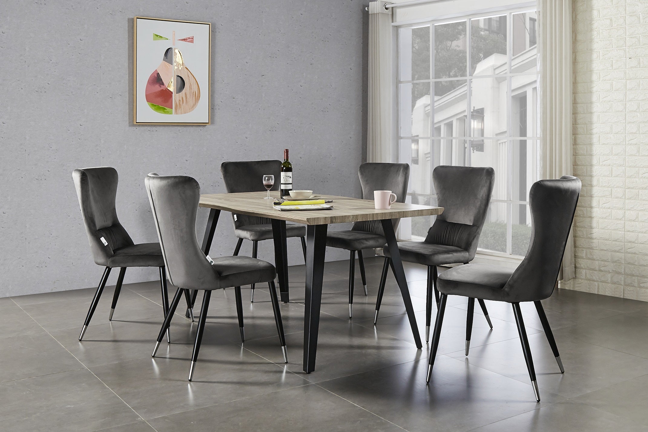 7 Pieces New York Rocco Dining Set - a Walnut Rectangular Dining Table and Set of 6 Green Dining Chairs